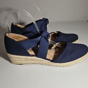 LIFE STRIDE Kascade Espadrille Navy Canvas Woven Tan Wedge Size 9.5 EUC